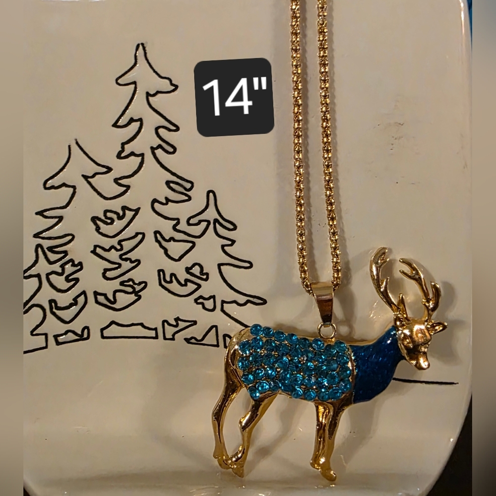 BETST JOHNSON Gold Tone and Blue Deer Pendant Necklace
